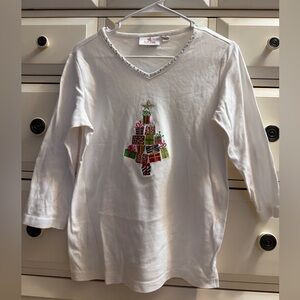 Quacker Factory White Long Sleeve Tee with Festive Tree